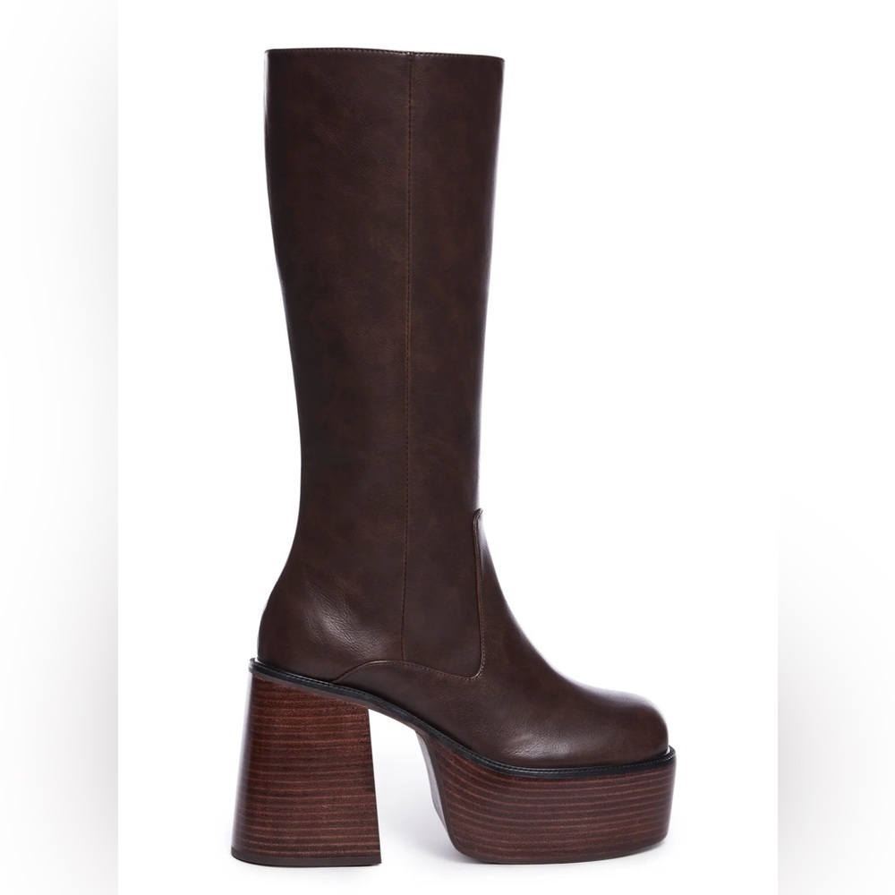 Free People Chunky Bratz Doll Chocolate Brown Leather Knee-High Platform Boots - Picture 5 of 16